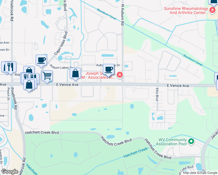 map of restaurants, bars, coffee shops, grocery stores, and more near 1775 East Venice Avenue in Venice