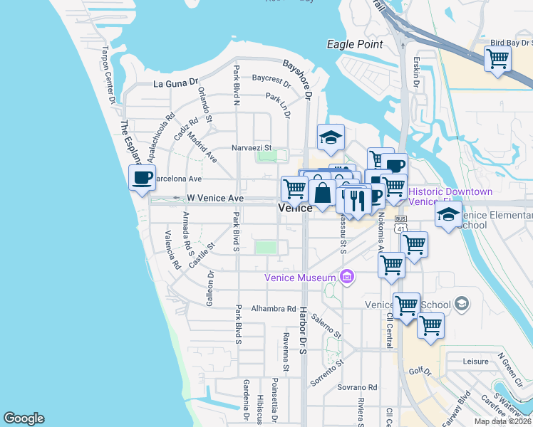 map of restaurants, bars, coffee shops, grocery stores, and more near 500 Granada Avenue in Venice
