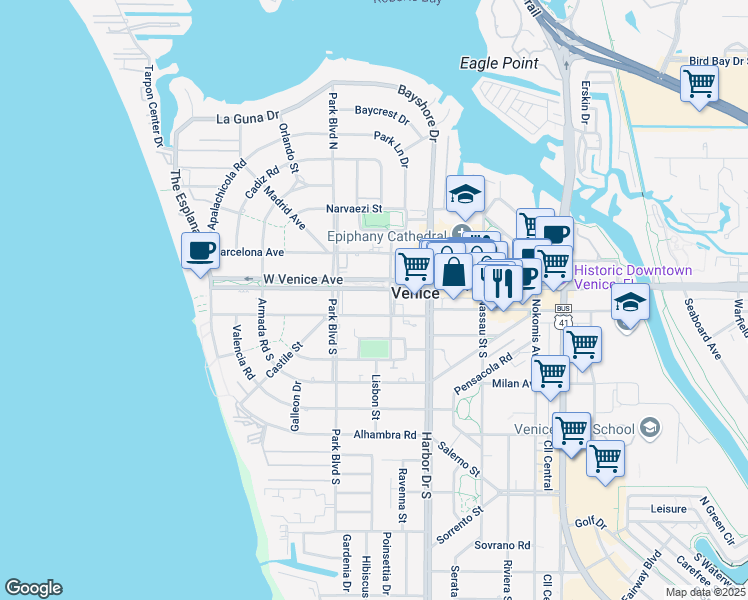 map of restaurants, bars, coffee shops, grocery stores, and more near 500 Granada Avenue in Venice