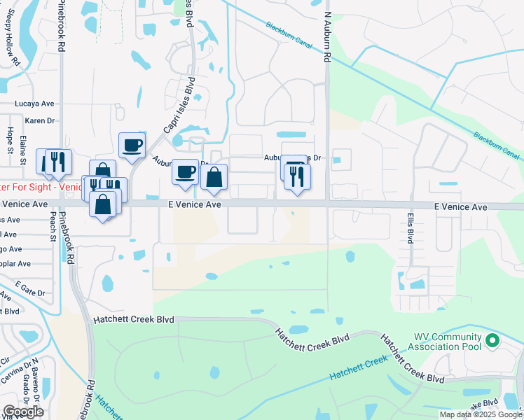map of restaurants, bars, coffee shops, grocery stores, and more near 325 Auburn Woods Circle in Venice