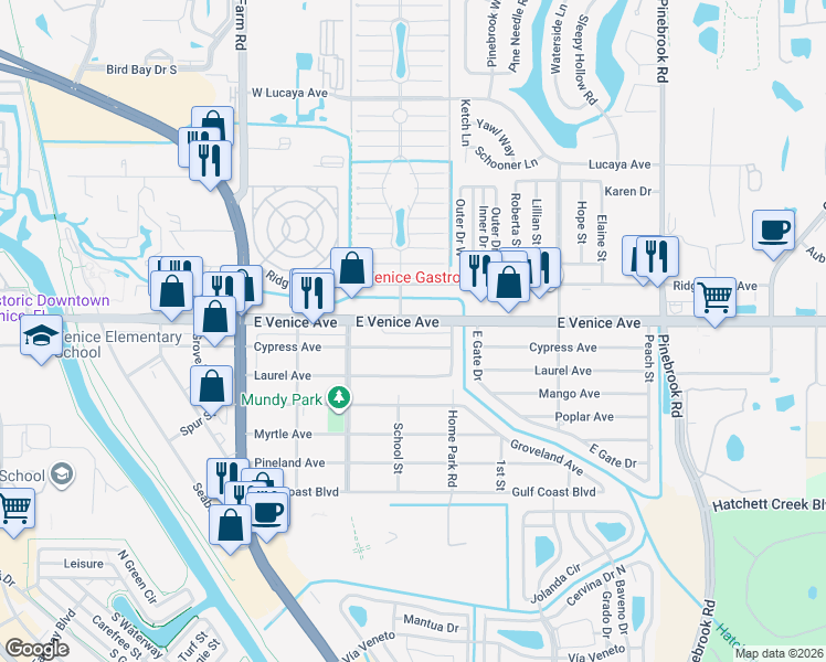map of restaurants, bars, coffee shops, grocery stores, and more near 945 Cypress Avenue in Venice