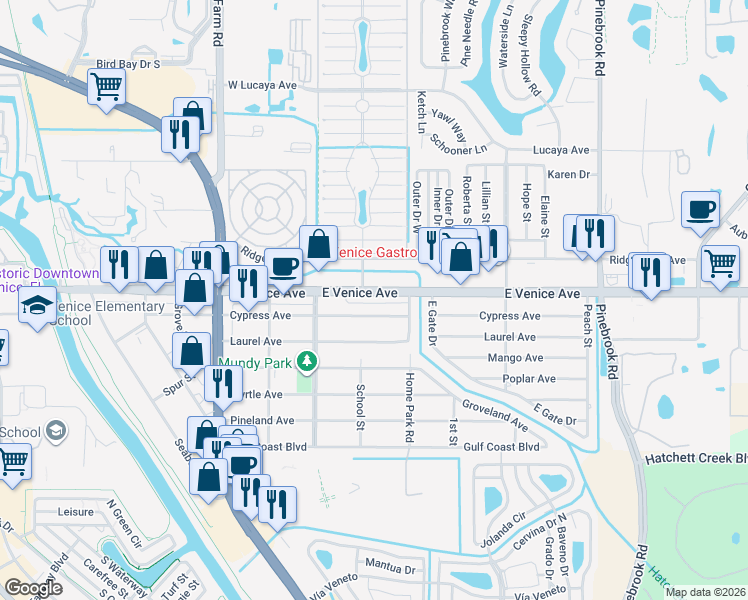 map of restaurants, bars, coffee shops, grocery stores, and more near 945 Cypress Avenue in Venice