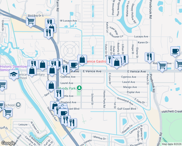 map of restaurants, bars, coffee shops, grocery stores, and more near 921 Cypress Avenue in Venice