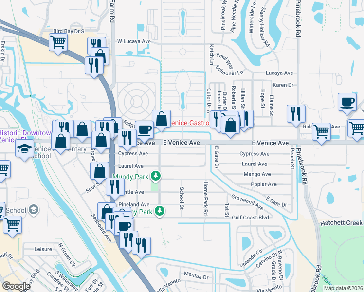 map of restaurants, bars, coffee shops, grocery stores, and more near 921 Cypress Avenue in Venice