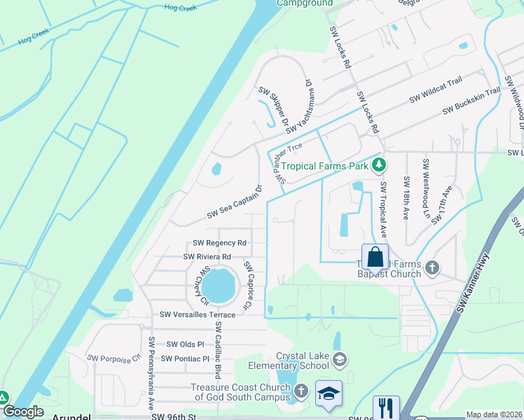 map of restaurants, bars, coffee shops, grocery stores, and more near 2415 Southwest Impala Way in Stuart