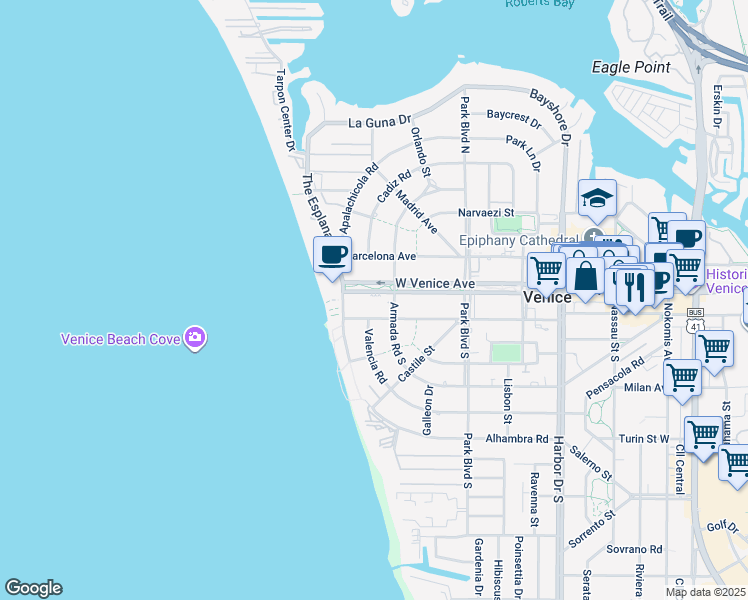 map of restaurants, bars, coffee shops, grocery stores, and more near 712 Granada Avenue in Venice