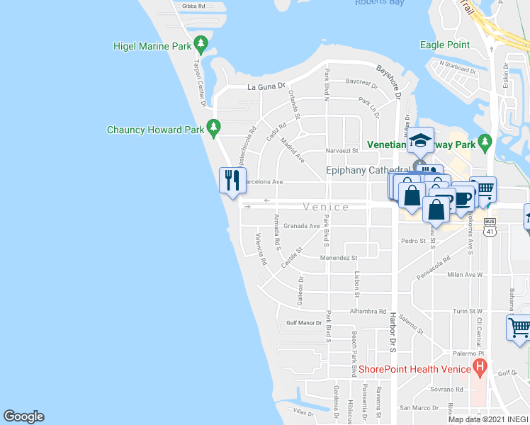map of restaurants, bars, coffee shops, grocery stores, and more near 712 Granada Avenue in Venice