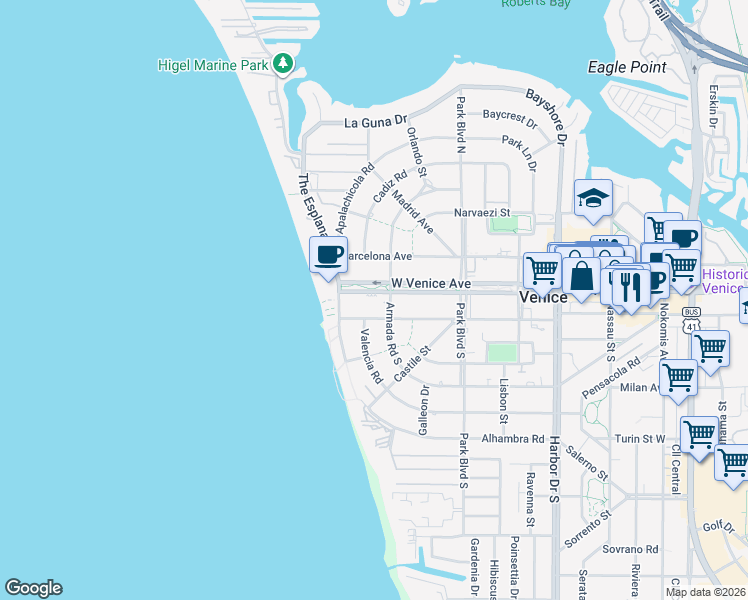 map of restaurants, bars, coffee shops, grocery stores, and more near 712 Granada Avenue in Venice