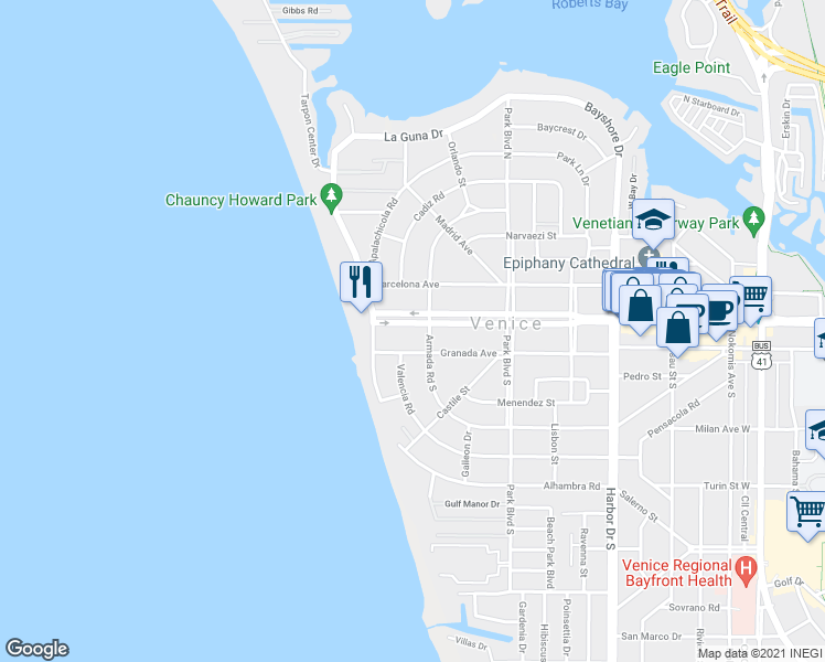 map of restaurants, bars, coffee shops, grocery stores, and more near 712 Granada Avenue in Venice