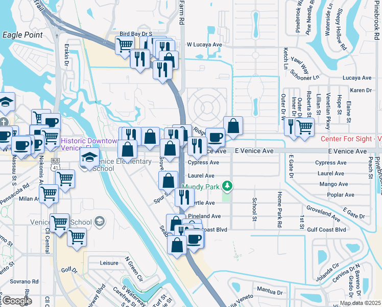 map of restaurants, bars, coffee shops, grocery stores, and more near 725 Cypress Avenue in Venice
