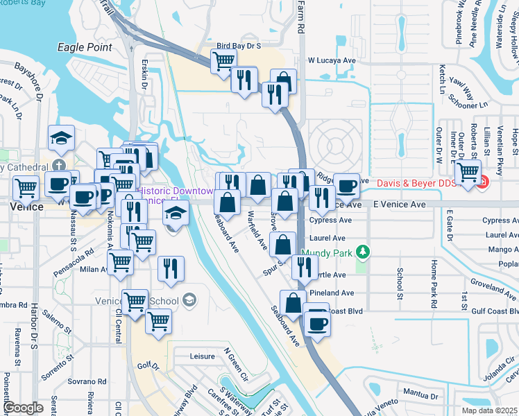 map of restaurants, bars, coffee shops, grocery stores, and more near 124 Warfield Avenue in Venice