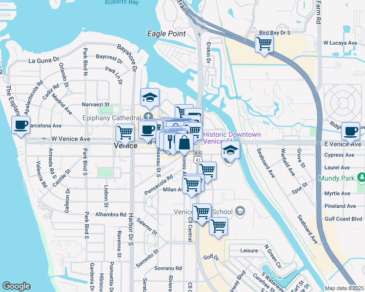 map of restaurants, bars, coffee shops, grocery stores, and more near 201 West Venice Avenue in Venice