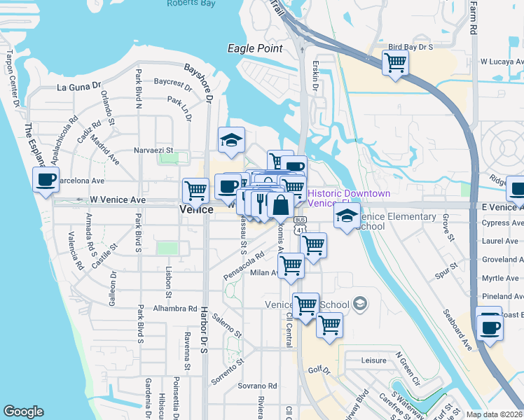 map of restaurants, bars, coffee shops, grocery stores, and more near 229 West Venice Avenue in Venice