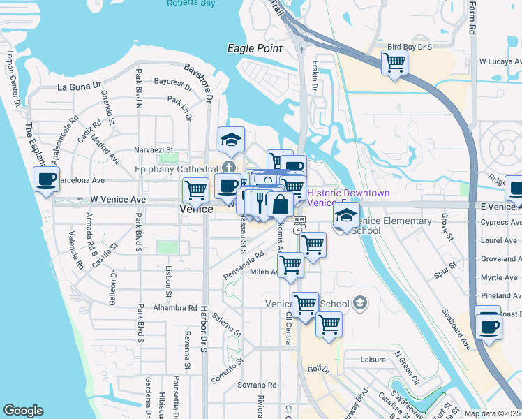 map of restaurants, bars, coffee shops, grocery stores, and more near 201 Miami Avenue West in Venice