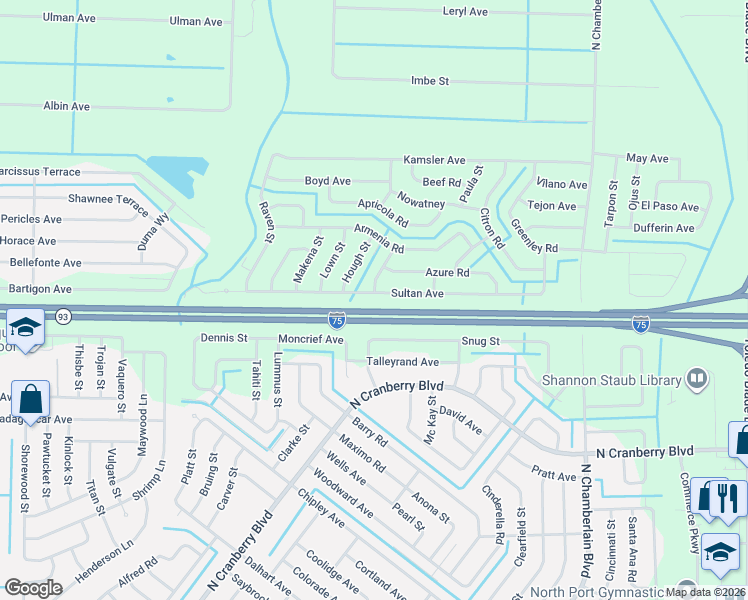 map of restaurants, bars, coffee shops, grocery stores, and more near 2870 Snug Street in North Port