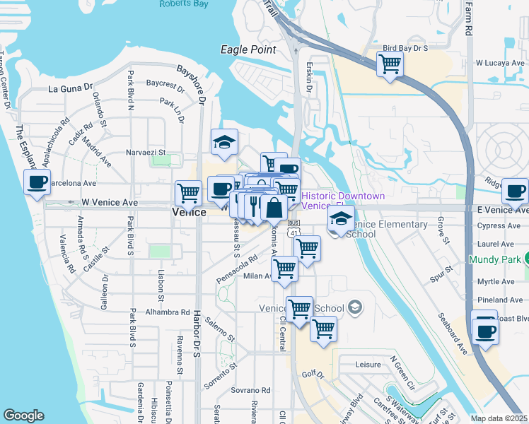 map of restaurants, bars, coffee shops, grocery stores, and more near 201 Miami Avenue West in Venice