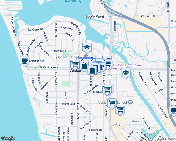 map of restaurants, bars, coffee shops, grocery stores, and more near 324 Miami Avenue West in Venice