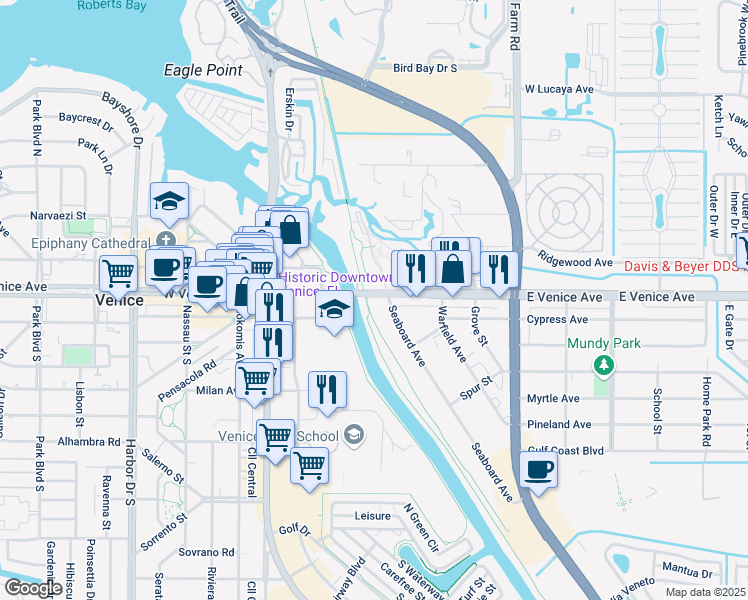 map of restaurants, bars, coffee shops, grocery stores, and more near 33 East Venice Avenue in Venice