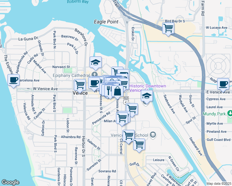 map of restaurants, bars, coffee shops, grocery stores, and more near 201 Miami Avenue West in Venice