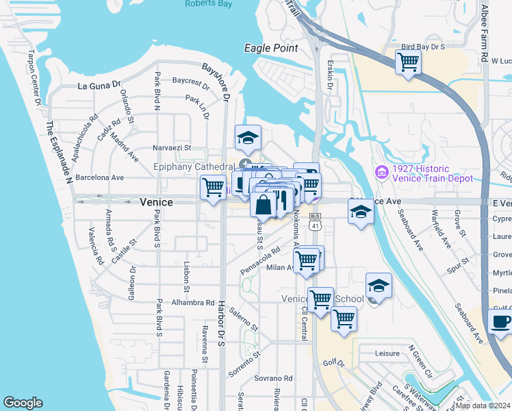 map of restaurants, bars, coffee shops, grocery stores, and more near 264b Miami Avenue West in Venice