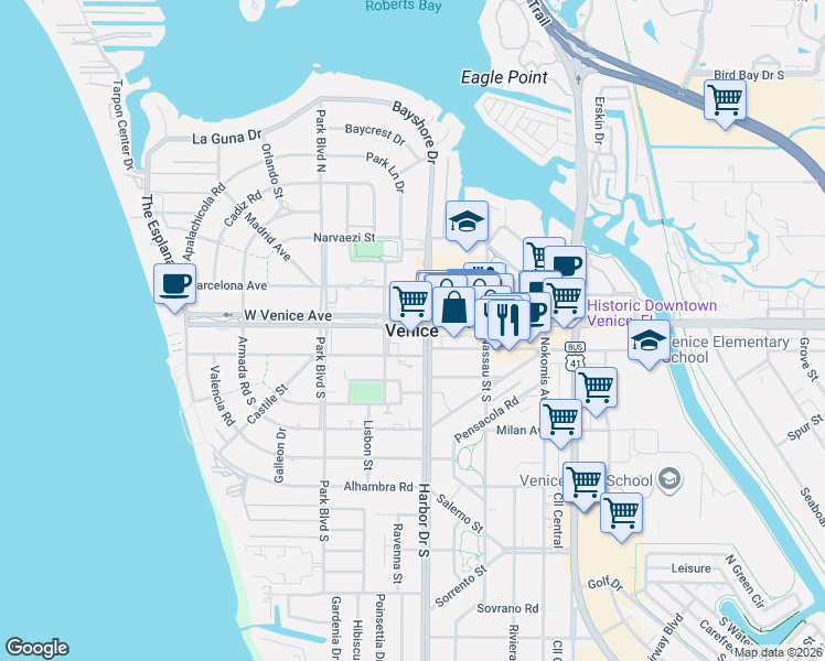 map of restaurants, bars, coffee shops, grocery stores, and more near in Venice