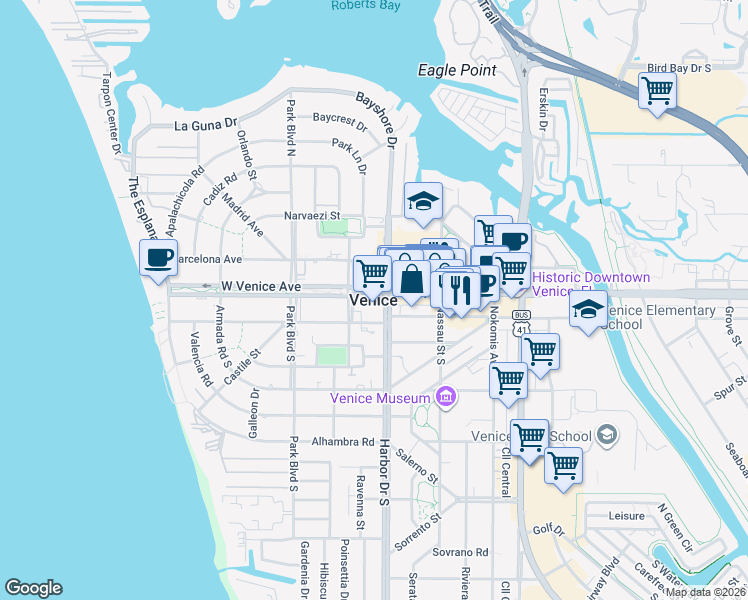 map of restaurants, bars, coffee shops, grocery stores, and more near in Venice