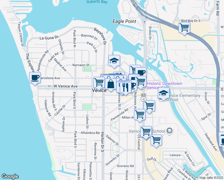 map of restaurants, bars, coffee shops, grocery stores, and more near 324 Miami Avenue West in Venice