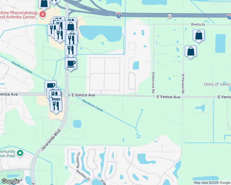 map of restaurants, bars, coffee shops, grocery stores, and more near 19396 Bluff Drive in Venice
