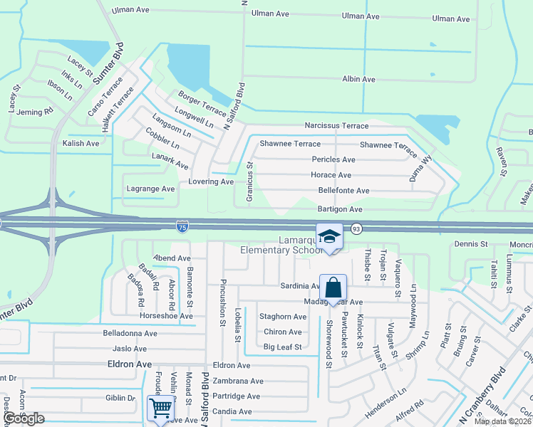 map of restaurants, bars, coffee shops, grocery stores, and more near 3760 Bartigon Avenue in North Port