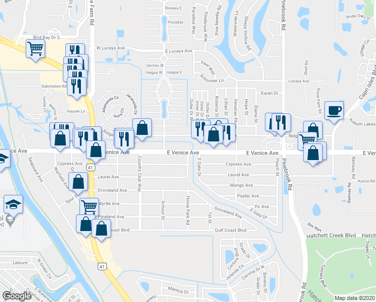 map of restaurants, bars, coffee shops, grocery stores, and more near 1001 East Venice Avenue in Venice