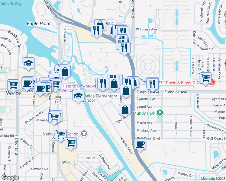 map of restaurants, bars, coffee shops, grocery stores, and more near 200 Grove Street in Venice