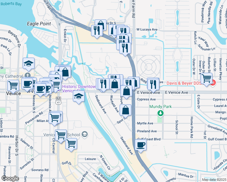 map of restaurants, bars, coffee shops, grocery stores, and more near 200 Grove Street in Venice