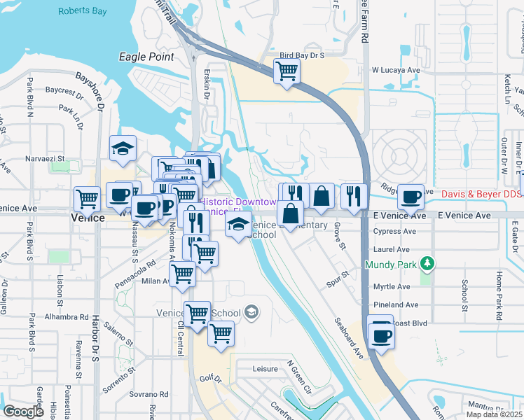 map of restaurants, bars, coffee shops, grocery stores, and more near 303 East Venice Avenue in Venice
