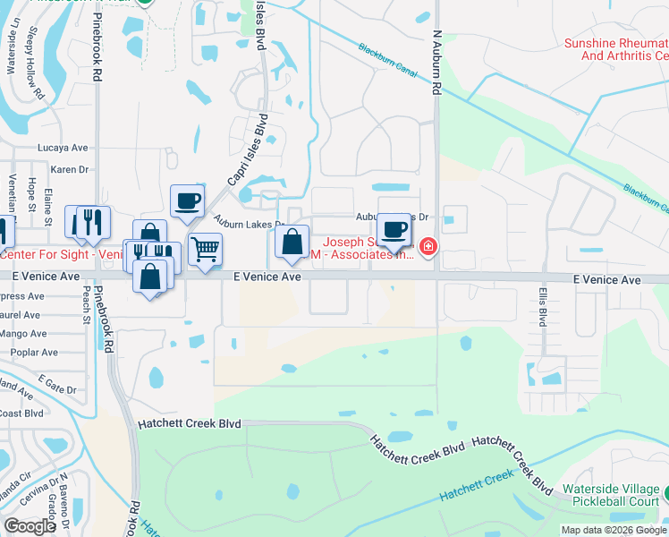 map of restaurants, bars, coffee shops, grocery stores, and more near 5201 L Pavia Boulevard in Venice
