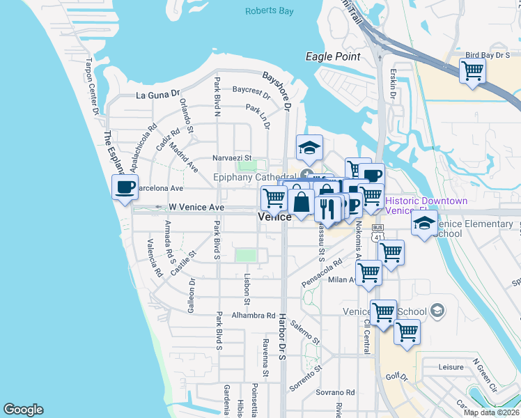 map of restaurants, bars, coffee shops, grocery stores, and more near 498 West Venice Avenue in Venice