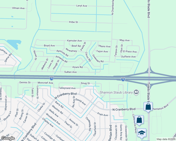 map of restaurants, bars, coffee shops, grocery stores, and more near 2109 Azure Road in North Port