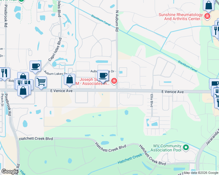 map of restaurants, bars, coffee shops, grocery stores, and more near 1740 East Venice Avenue in Venice