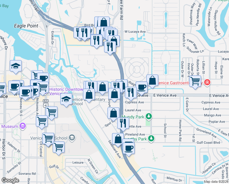 map of restaurants, bars, coffee shops, grocery stores, and more near 629 East Venice Avenue in Venice