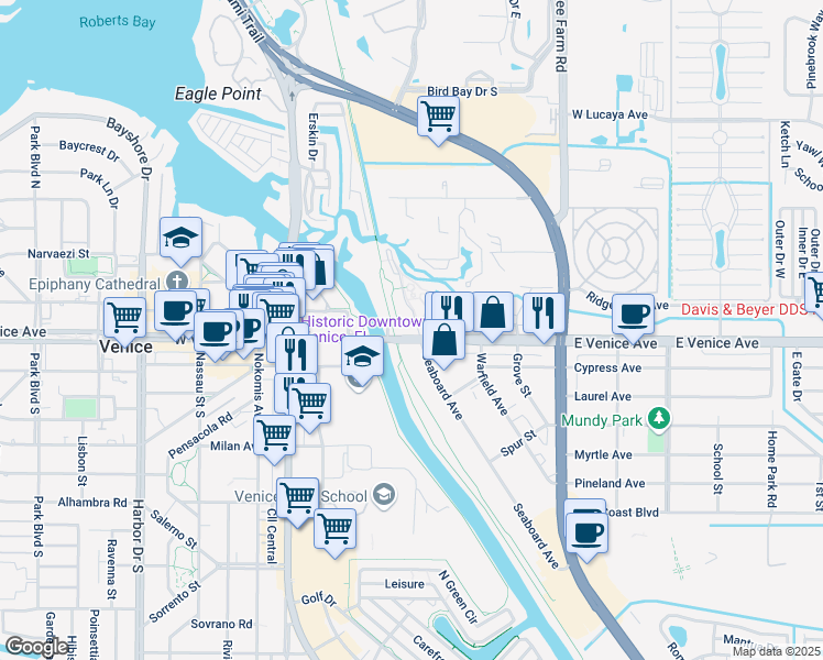 map of restaurants, bars, coffee shops, grocery stores, and more near 303 East Venice Avenue in Venice