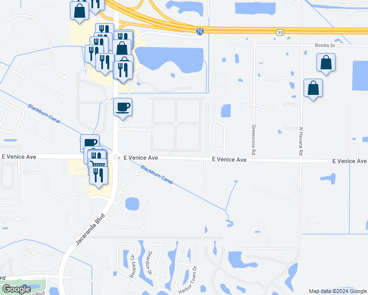 map of restaurants, bars, coffee shops, grocery stores, and more near 9908 Haze Drive in Venice