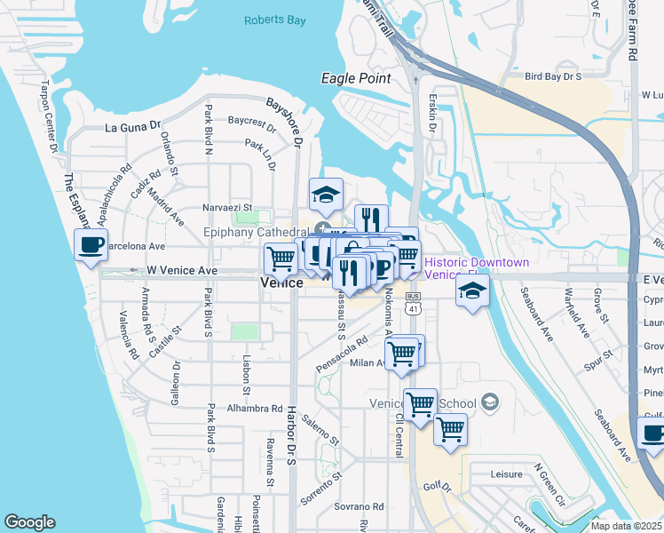 map of restaurants, bars, coffee shops, grocery stores, and more near 200 West Venice Avenue in Venice