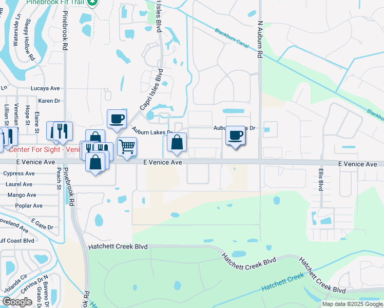 map of restaurants, bars, coffee shops, grocery stores, and more near 9203 L Pavia Boulevard in Venice