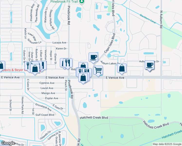 map of restaurants, bars, coffee shops, grocery stores, and more near 1370 East Venice Avenue in Venice