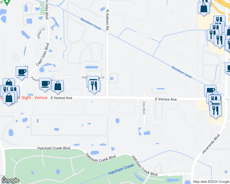 map of restaurants, bars, coffee shops, grocery stores, and more near 400 Mirabella Circle in Venice