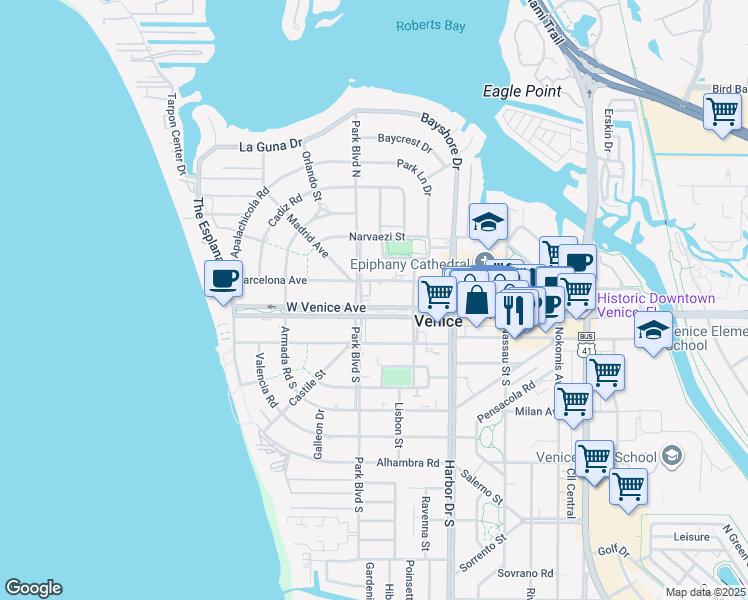 map of restaurants, bars, coffee shops, grocery stores, and more near 524 West Venice Avenue in Venice