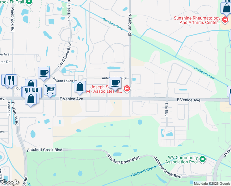 map of restaurants, bars, coffee shops, grocery stores, and more near 1740 East Venice Avenue in Venice