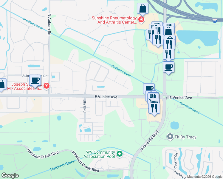 map of restaurants, bars, coffee shops, grocery stores, and more near 2125 Date Palm Way in Venice