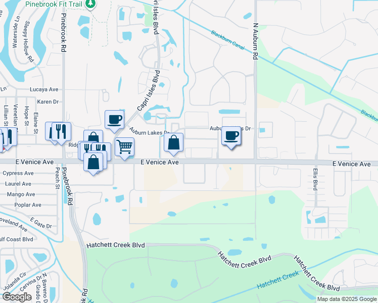 map of restaurants, bars, coffee shops, grocery stores, and more near 9203 L Pavia Boulevard in Venice
