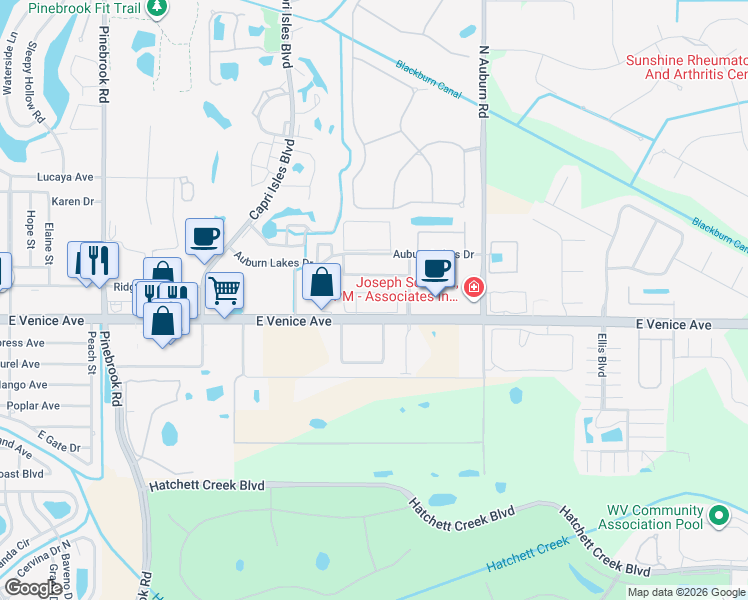 map of restaurants, bars, coffee shops, grocery stores, and more near 6202 L Pavia Boulevard in Venice