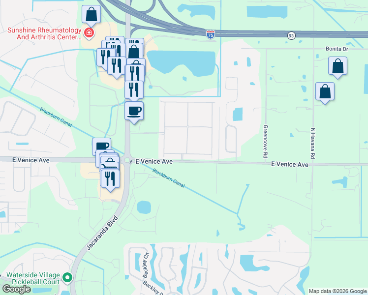 map of restaurants, bars, coffee shops, grocery stores, and more near 9848 Haze Drive in Venice
